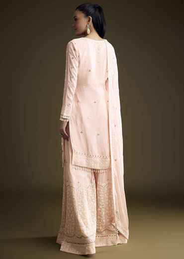 Baby Pink Chinon Palazzo Suit With Thread And Sequins Work