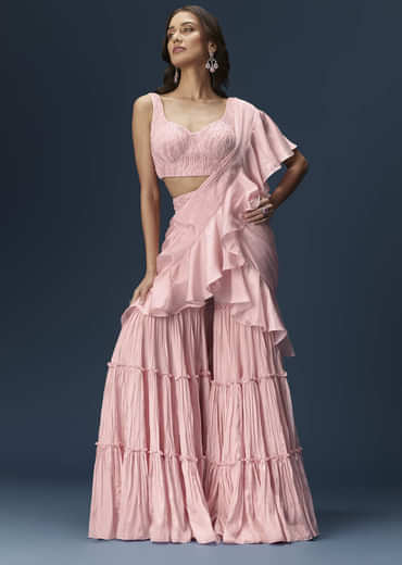 Baby Pink Frill Saree With Fancy Blouse