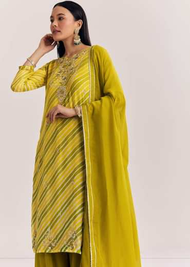 Baby Pink Georgette Kurta Palazzo Suit With Moti Work And Gotta Lace