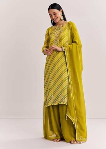 Baby Pink Georgette Kurta Palazzo Suit With Moti Work And Gotta Lace