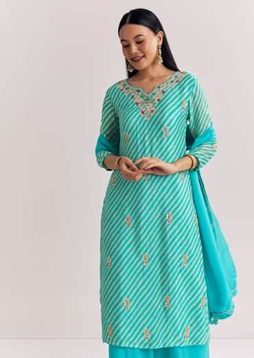Aqua blue Georgette Kurta Palazzo Suit With Organza Dupatta And Gotta Work