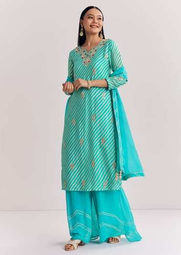 Aqua blue Georgette Kurta Palazzo Suit With Organza Dupatta And Gotta Work