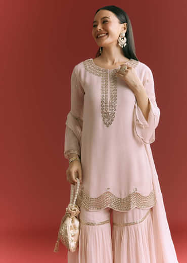 Baby Pink Georgette Kurta Sharara Suit With Moti Work And Gotta Lace