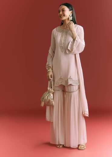 Baby Pink Georgette Kurta Sharara Suit With Moti Work And Gotta Lace