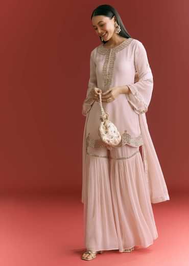 Baby Pink Georgette Kurta Sharara Suit With Moti Work And Gotta Lace