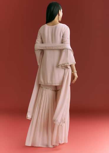 Baby Pink Georgette Kurta Sharara Suit With Moti Work And Gotta Lace