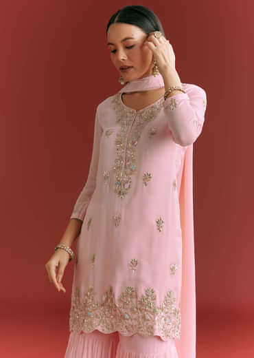 Baby Pink Georgette Kurta Sharara Suit With Organza Dupatta And Moti Work