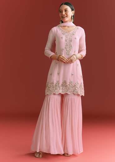 Baby Pink Georgette Kurta Sharara Suit With Organza Dupatta And Moti Work