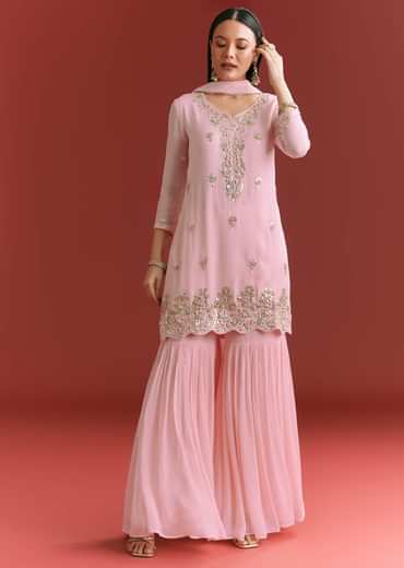 Baby Pink Georgette Kurta Sharara Suit With Organza Dupatta And Moti Work