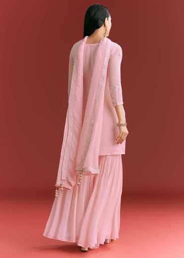 Baby Pink Georgette Kurta Sharara Suit With Organza Dupatta And Moti Work