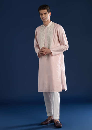 Baby Pink Kashmiri Work Banarsi Silk Mens Kurta and Pant Set