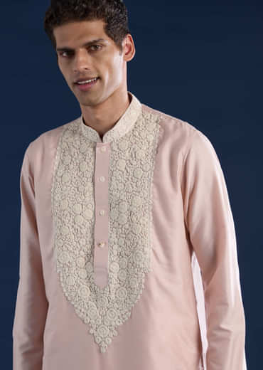 Baby Pink Kashmiri Work Banarsi Silk Mens Kurta and Pant Set
