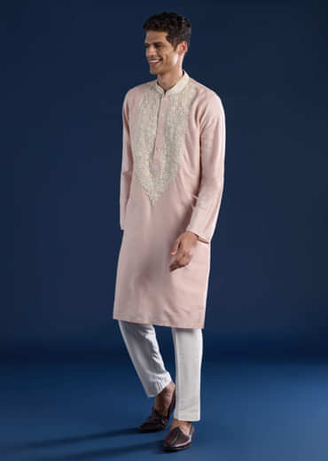 Baby Pink Kashmiri Work Banarsi Silk Mens Kurta and Pant Set