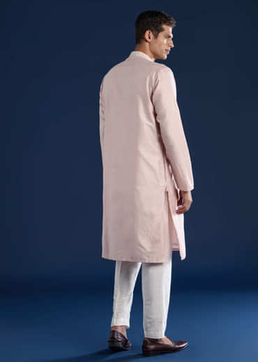 Baby Pink Kashmiri Work Banarsi Silk Mens Kurta and Pant Set
