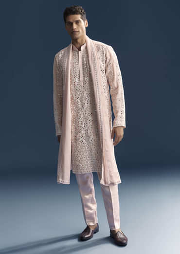 Baby Pink Kurta Set For Men With Mirror And Thread Work