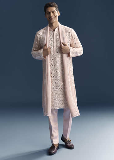 Baby Pink Kurta Set For Men With Mirror And Thread Work
