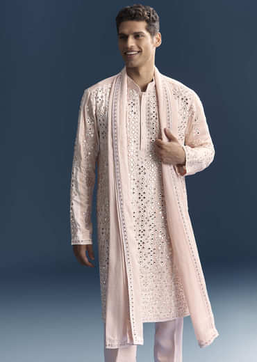 Baby Pink Kurta Set For Men With Mirror And Thread Work