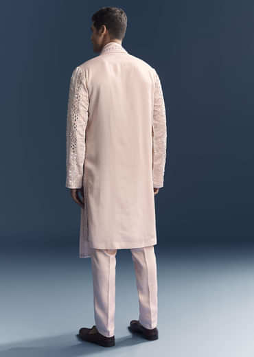 Baby Pink Kurta Set For Men With Mirror And Thread Work