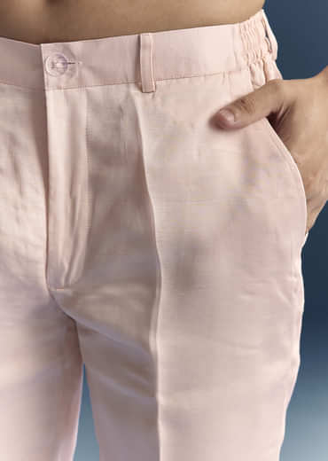 Baby Pink Kurta Set For Men With Mirror And Thread Work