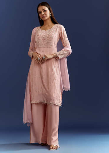 Baby Pink Moti Embroidered Work Kurta Set With Dupatta
