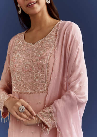 Baby Pink Moti Embroidered Work Kurta Set With Dupatta