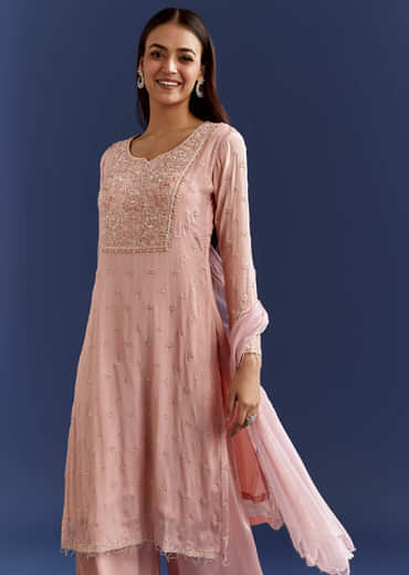 Baby Pink Moti Embroidered Work Kurta Set With Dupatta