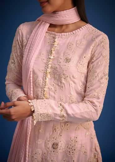 Baby Pink Organza Embroidered Straight Kurta Set