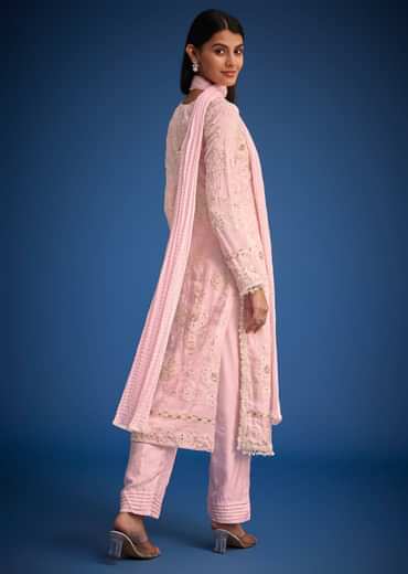 Baby Pink Organza Embroidered Straight Kurta Set