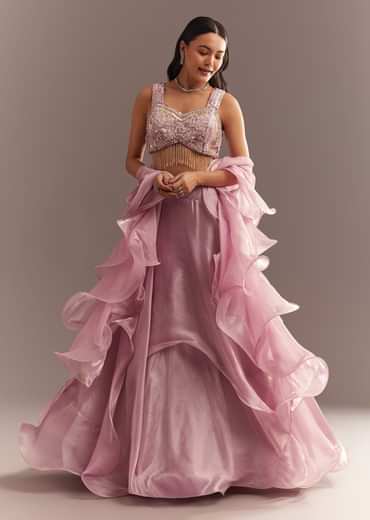 Baby Pink Organza Ruffled Lehenga Choli With Sequins