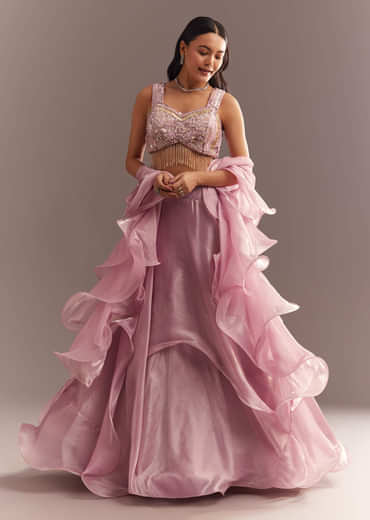 Baby Pink Organza Ruffled Lehenga Choli With Sequins