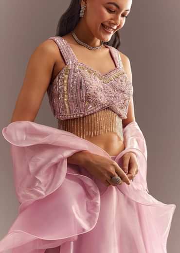 Baby Pink Organza Ruffled Lehenga Choli With Sequins