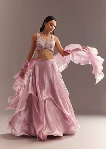 Baby Pink Organza Ruffled Lehenga Choli With Sequins