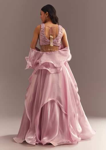 Baby Pink Organza Ruffled Lehenga Choli With Sequins