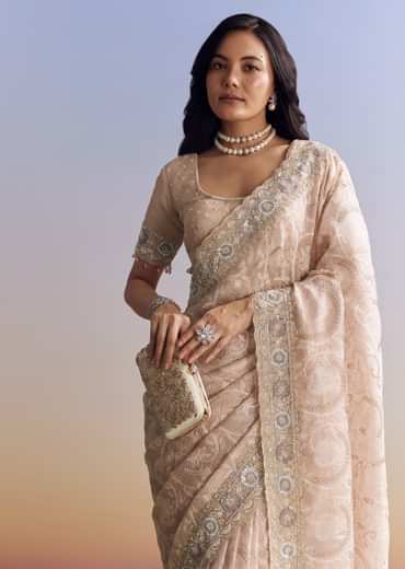 Baby Pink Organza Saree With Chikankari Threadwork And Beaded Embroidery