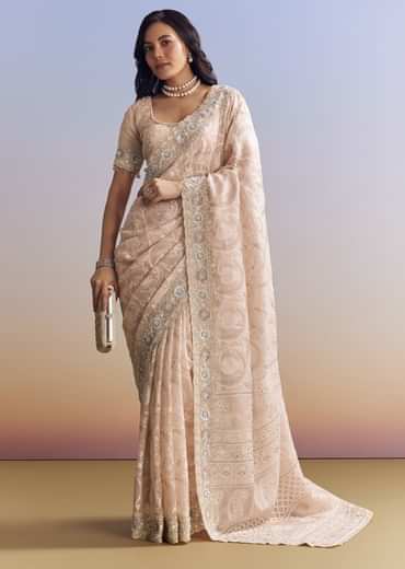 Baby Pink Organza Saree With Chikankari Threadwork And Beaded Embroidery