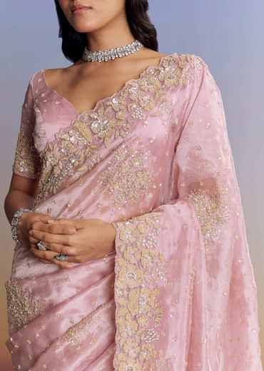 Baby Pink Organza Saree With Floral Cutwork Embroidery