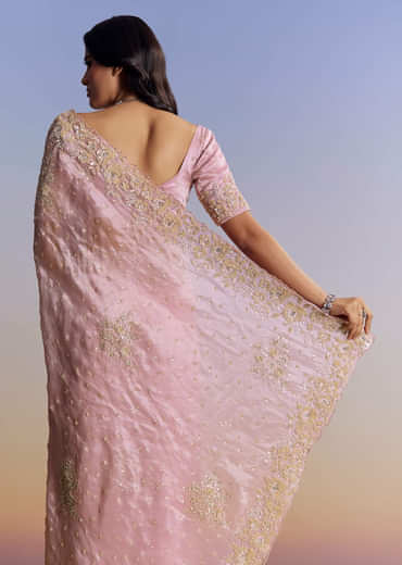 Baby Pink Organza Saree With Floral Cutwork Embroidery