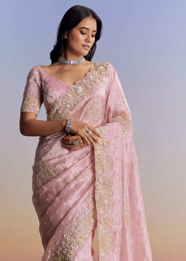 Baby Pink Organza Saree With Floral Cutwork Embroidery