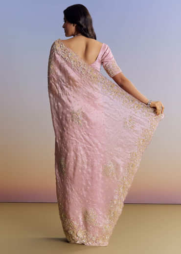 Baby Pink Organza Saree With Floral Cutwork Embroidery