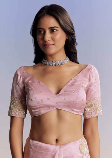 Baby Pink Organza Saree With Floral Cutwork Embroidery