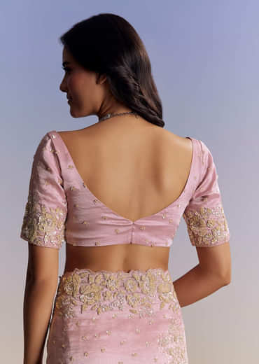 Baby Pink Organza Saree With Floral Cutwork Embroidery