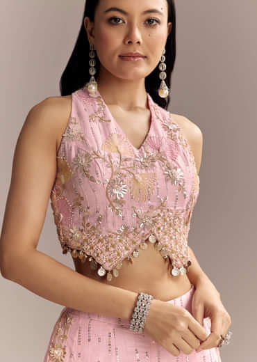 Baby Pink Silk Crop Top And Palazzo Set With Intricate Embroidery