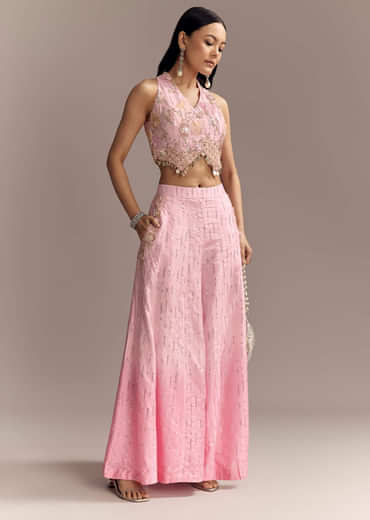 Baby Pink Silk Crop Top And Palazzo Set With Intricate Embroidery