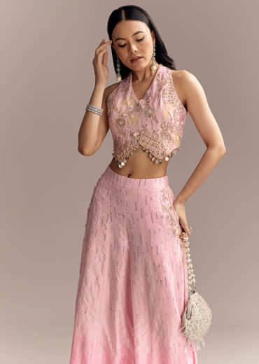 Baby Pink Silk Crop Top And Palazzo Set With Intricate Embroidery