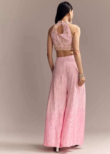 Baby Pink Silk Crop Top And Palazzo Set With Intricate Embroidery