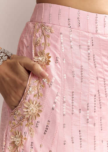 Baby Pink Silk Crop Top And Palazzo Set With Intricate Embroidery