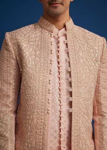 Baby Pink Silk Short Sherwani Set With Zardosi Embroidery