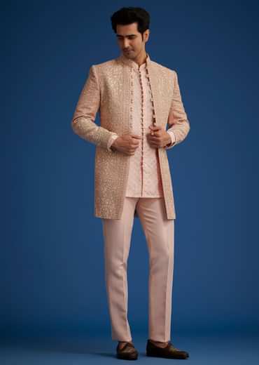 Baby Pink Silk Short Sherwani Set With Zardosi Embroidery