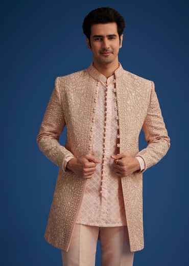 Baby Pink Silk Short Sherwani Set With Zardosi Embroidery