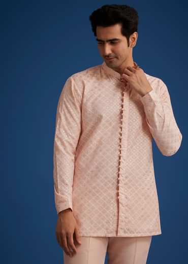 Baby Pink Silk Short Sherwani Set With Zardosi Embroidery